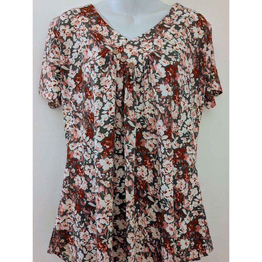 Floral V-Neck Short Sleeve Top - Rust, Cream & Gray-Green